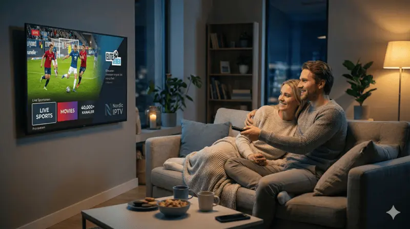 Et hyggelig par som strømmer sport og film med Nordic IPTV i en moderne stue